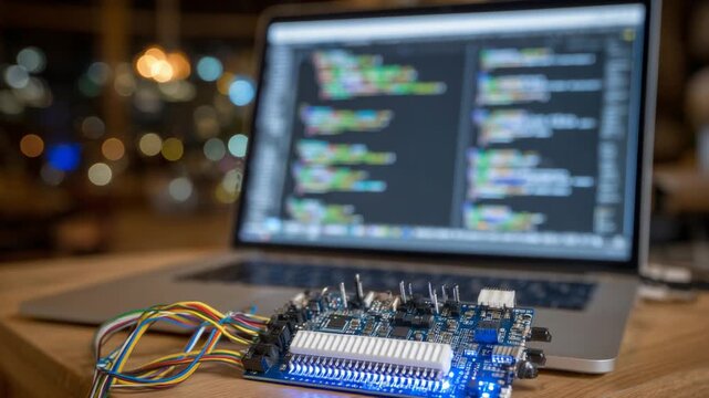Explore the intricacies of a DIY circuit board with blinking LED lights, connected to a laptop showcasing coding software.