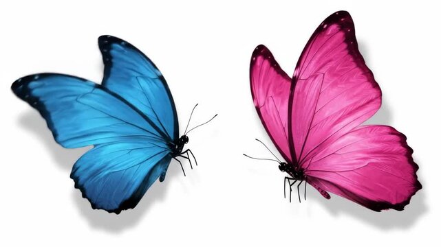 Two Vibrant Butterflies in Flight - A stunning close-up showcases a blue morpho butterfly and a pink butterfly in flight against a stark white background.