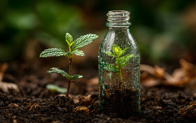 Small green sprout growing from soil in a cut plastic bottle. Symbol of recycling and hope.
