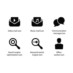 Video mail, Music mail, Communication message, Seo, Keyword search engine, Office worker, icon