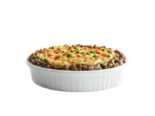 Shepherd s pie in white baking dish isolated on white background isolated on transparent background