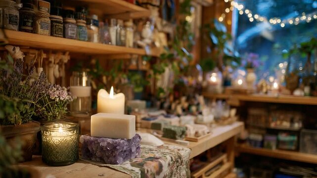 Discover a cozy maker space corner featuring neatly organized handmade soaps, candles, and craft supplies under soft lighting.