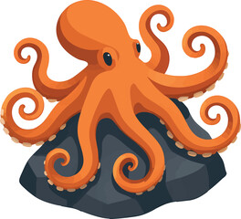 Isometric vector octopus with curling tentacles, sitting on ocean rock, vector-friendly, isolated on white