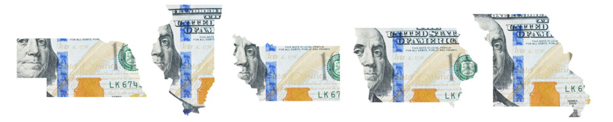 Nebraska, Illinois, Indiana, Lowa and Missouri state dollar map shape, conceptual set.