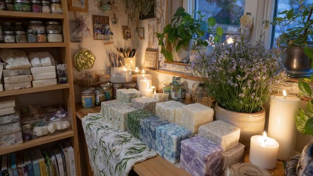 Discover a cozy maker space corner featuring neatly organized handmade soaps, candles, and craft supplies under warm, inviting lighting.