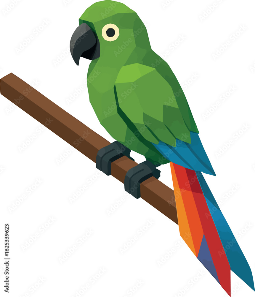 Poster isometric vector parrot on tree branch, tail feathers in vibrant polygons, vector-friendly, isolated