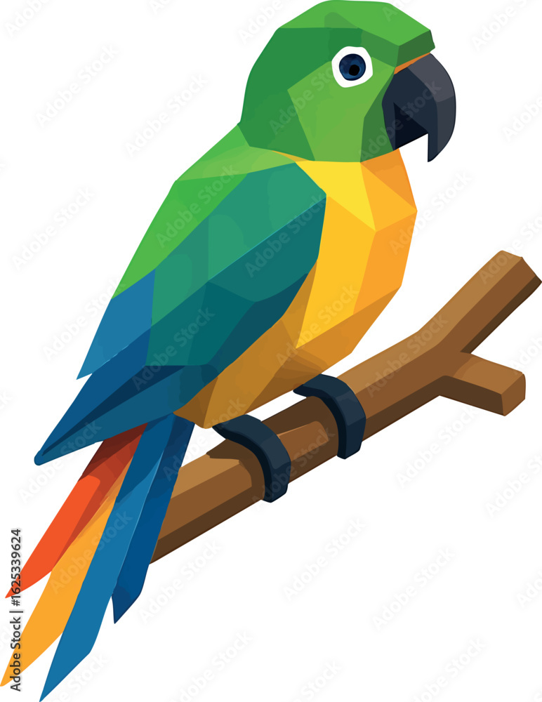 Poster isometric vector parrot on tree branch, tail feathers in vibrant polygons, vector-friendly, isolated