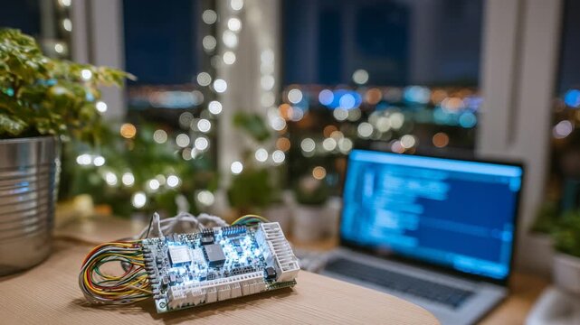 Explore a DIY home automation setup featuring sensors, wires, and a softly glowing Raspberry Pi board.