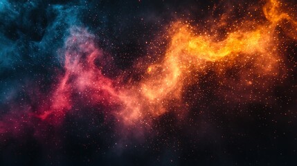 Galaxy nebula with red, orange, and blue glowing gas and bright stardust