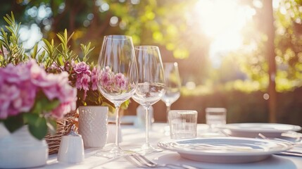 Realistic stock photo of 'outdoor dining' scene using soft pinks tones, conveying a trustworthy mood, tailored for Broadcast media.