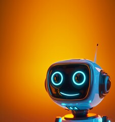 Smiling chatbot with colorful eyes and friendly expression against vibrant orange backdrop