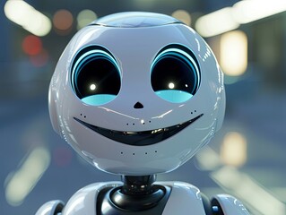 Smiling friendly chatbot with bright expressive eyes and an attractive modern design located in an ambient interior environment