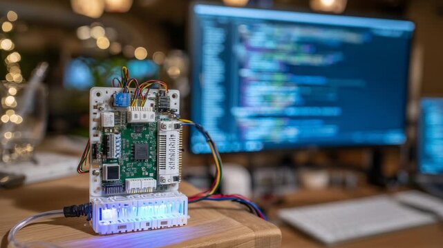 Explore a DIY home automation setup featuring a Raspberry Pi, sensors, and wiring, all softly illuminated on a desk.