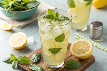 Fototapeta premium Refreshing Lemon Mint Drink Served With Fresh Ingredients on a Wooden Tray
