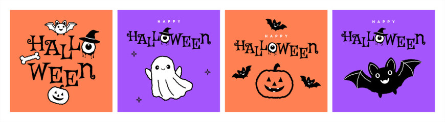 Halloween doodle vector! A horizontal banner with hand-drawn ghost, bats on a purple background. Trendy doodles meet modern typography design in this fun, festive Halloween-themed vector banner.