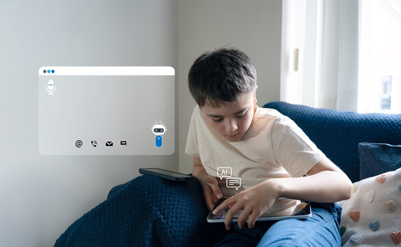 Kid Boy interacting with digital tablet.Futuristic AI chatbot and virtual assistant interface,Concept of children growing up with artificial intelligence, modern learning tools in hybrid education