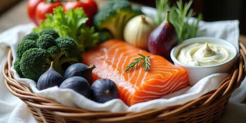 Bone-supporting foods in a basket: broccoli, figs, salmon, cottage cheese arranged on white linen under natural soft light.