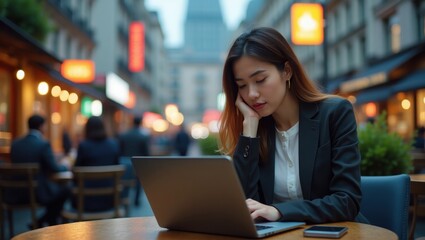 Fototapeta premium A young professional woman works intently at a lively café terrace, balancing her laptop and smartphone, ideal for corporate and remote work concepts