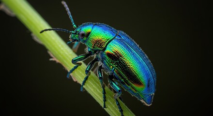 Fototapeta premium Close up of vibrant iridescent beetle resting on green stem nature insect photography macro shot