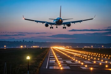Fototapeta premium Airplane Landing at Sunset Over Illuminated Runway in Urban Area