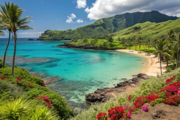 Obraz premium Beautiful Tropical Beach With Clear Turquoise Waters and Lush Greenery