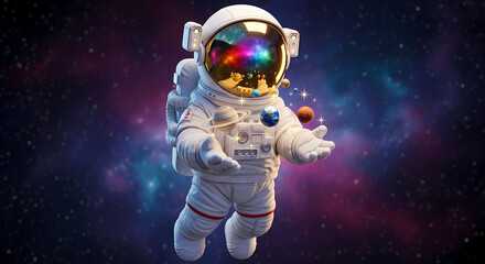 Fototapeta premium Astronaut holding miniature planets in vibrant cosmic space with colorful reflective visor and nebula background.