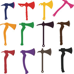 Colorful Vector Illustration Collection of Tomahawks, Hatchets, and Axes, Featuring a Variety of Modern and Traditional Designs for Survival, Outdoor Use, and Native American Culture in a Flat Style.