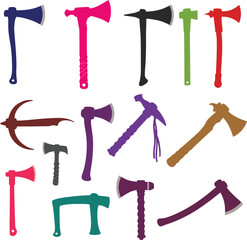 Colorful Vector Illustration Collection of Tomahawks, Hatchets, and Axes, Featuring a Variety of Modern and Traditional Designs for Survival, Outdoor Use, and Native American Culture in a Flat Style.