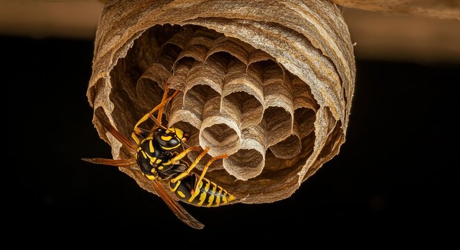 Close up wasp nest insect yellow and black stripes dangerous stinging pest control entomology wildlife nature