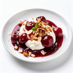 Delicious cherry dessert with cream and almond flakes presented on a plate on white background
