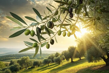 Olive Trees at Sunset Overlooking a Serene Valley Landscape