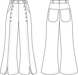 Wide-leg pants CAD, high-waist design, side button detail, back patch pockets, belt loops, fashion sketch, garment template