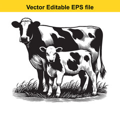 Vector art of cow and calf standing in grass, isolated on white background