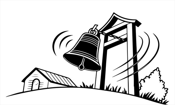 Bold Black and White Woodcut Style Church Bell Swinging with Sound Waves and Bell Tower

