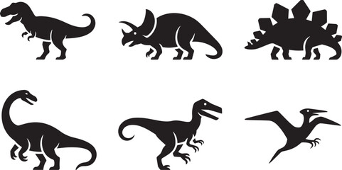 Black Silhouette Dinosaur Icons Set Isolated on Transparent Background Vector Illustration Design