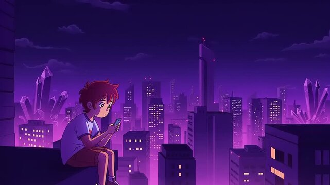 Artwork depicting a young anime character holding a phone with a cityscape background under a vibrant twilight sky. Perfect for themes of connection, solitude, or urban exploration.