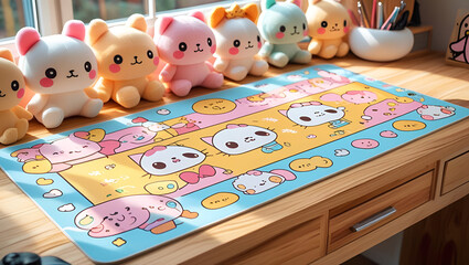 Obraz premium Wooden desk setup with kawaii desk mat plush toys and pastel accents in a cozy workspace design