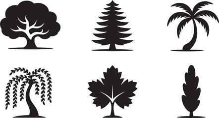 Diverse Tree Silhouettes Vector Illustration Featuring Oak, Pine, Palm, Willow, Maple, and Cypress