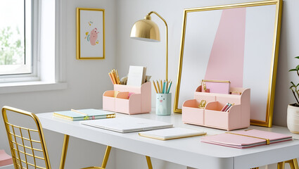 Chic workspace setup with gold accents and cute desk organizers in a stylish pastel themed aesthetic