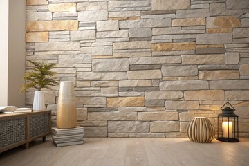 Elegant Interior Design Featuring a Stone Wall With Decorative Elements