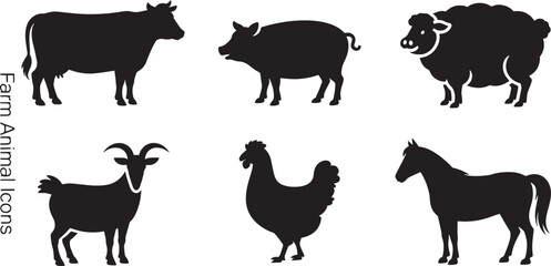 Farm Animal Icons Vector Illustration Cow Pig Sheep Goat Chicken Horse Livestock Agriculture