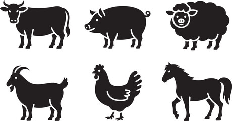 Farm Animals Silhouettes Set Vector Illustration with Cow, Pig, Sheep, Goat, Chicken, Horse