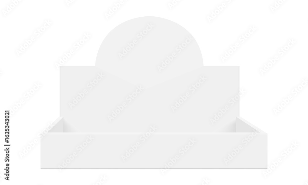 Poster empty counter display box with rounded back panel. front view mockup for product branding, packaging
