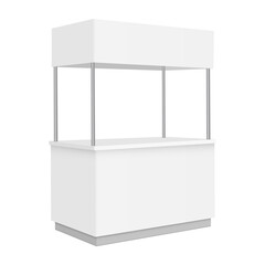 Blank trade booth isolated on white background. Promotional stand mockup for branding, events, marketing presentations, product sampling or exhibition use. Template for design placement