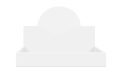 Empty counter display box with rounded back panel. Front view mockup for product branding, packaging design, advertising display in stores. Ideal for cosmetics, snacks or retail goods