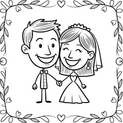 Newlyweds: A captivating black and white illustration of a happy couple, hand-in-hand, radiant with love and joy on their wedding day, creating a timeless moment of celebration.