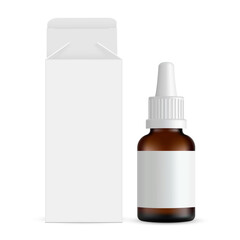 Realistic amber dropper bottle mockup with blank label and opened packaging box. Perfect for cosmetic serum, essential oil or medicine branding. Clean white background for professional presentation