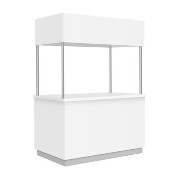 Blank trade booth isolated on white background. Promotional stand mockup for branding, events, marketing presentations, product sampling or exhibition use. Template for design placement