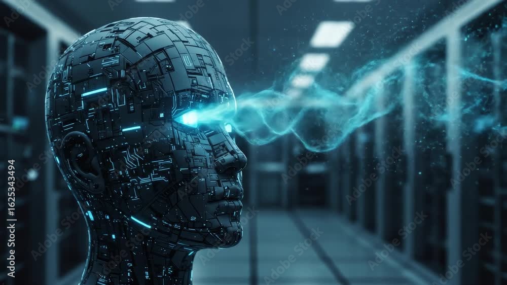 Poster ai robot head in server room - close-up of a robotic head with glowing blue circuits, emitting a dat