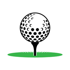 Golf ball on tee with green grass and white background sport game